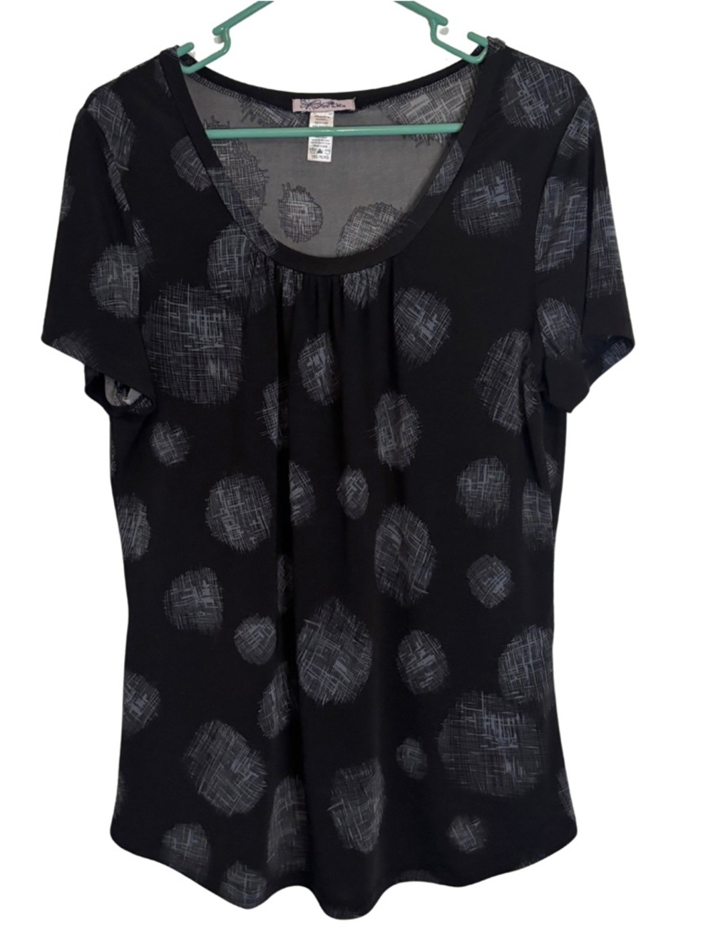 3/$20 New Mix Black Short-Sleeve Scoop Neck Blouse with Gray Dot Pattern